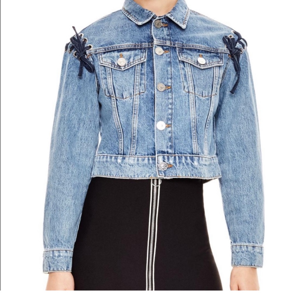 SANDRO LACE UP CROPPED DENIM JACKET